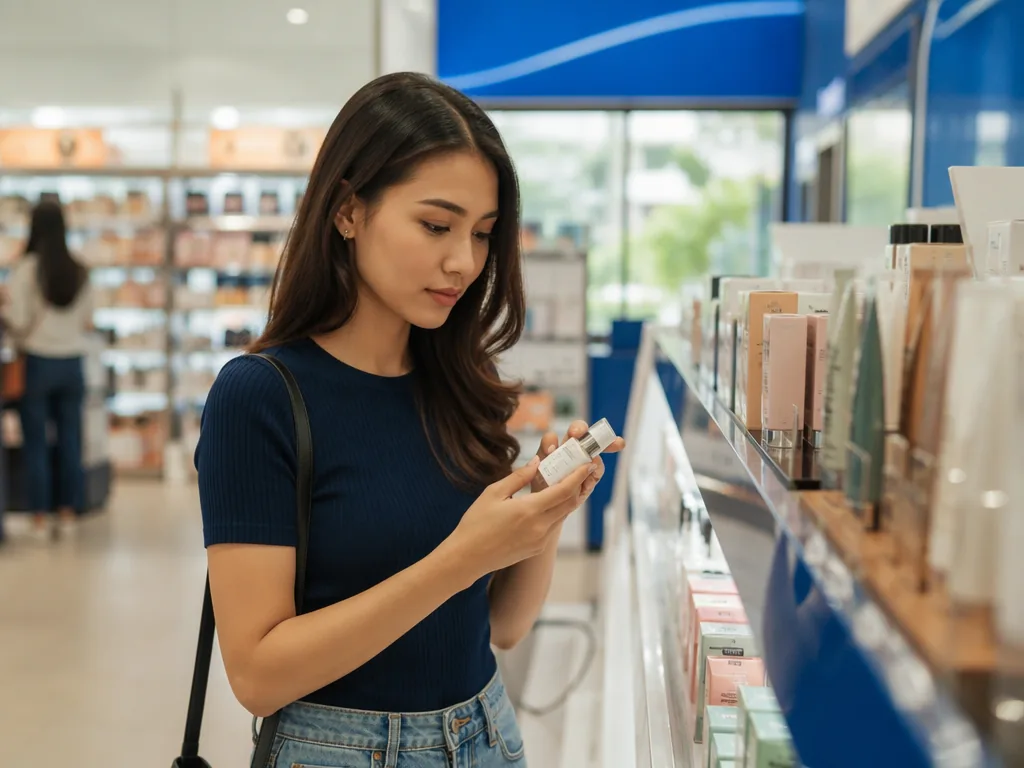 Produk skincare tersusun di rak outlet Solo